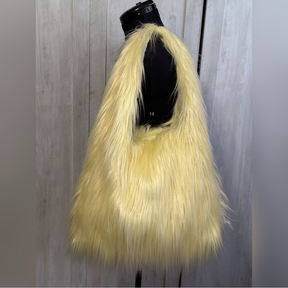 Handmade Light Yellow Faux Fur Mongolian Shaggy Fuzzy Mohair Butter Tote Bag